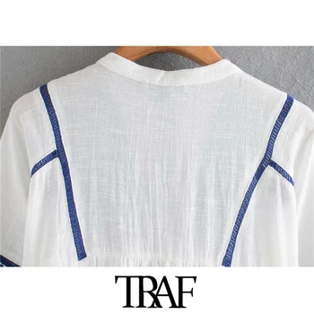 TRAF Moterų Mados Siuvinėjimo Kratinys Prarasti Palaidinės Derliaus ilgomis Rankovėmis Susieta Kutas Moterų Marškiniai Blusas Prašmatnus Viršūnės