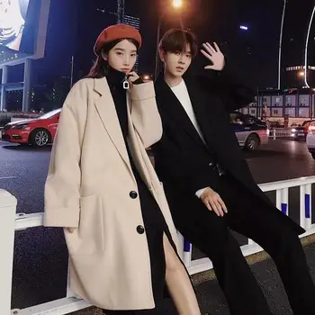 2019 naujas vilnonis paltas, vyrų ir moterų vientisos spalvos ilgą kailį, rudens ir žiemos paltai, korėjiečių kailis