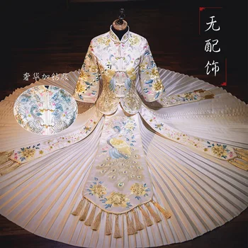 Smėlio Negabaritinių 6XL Nuotakos Suknelė Vestuvių Suknelė Retro Suknelė Kinijos Cheongsam Suknelė Aukštos Kokybės Siuvinėjimo Povas Ilgai Skirsnis