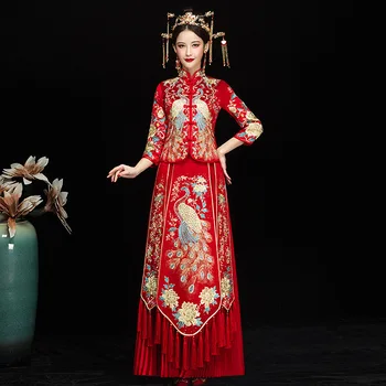 Smėlio Negabaritinių 6XL Nuotakos Suknelė Vestuvių Suknelė Retro Suknelė Kinijos Cheongsam Suknelė Aukštos Kokybės Siuvinėjimo Povas Ilgai Skirsnis