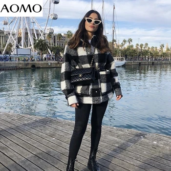 AOMO Moterų pledas modelis Stori Paltai Striukės Prarasti ilgomis rankovėmis kišenėje 2020 Ponios Elegantiška Rudens ir Žiemos paltai 3R11A