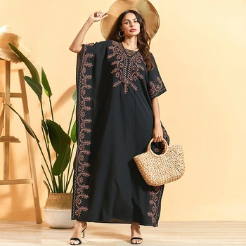 Siskakia Indie Folk Batwing Rankovės Abaja Suknelė Mados Geometrinis Gėlių Siuvinėjimas Musulmonų Dubajus Etninės Suknelės Moteriška Apranga