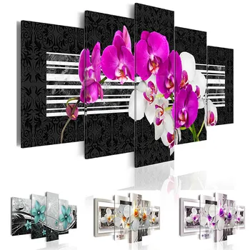 Šiuolaikinės Tapybos Drobės 5 Plokštės Graži Violetinė ir Balta Orchidėja Sienos Meno Gėlių Dekoracija Nuotrauką Kambarį Namų Dekoro
