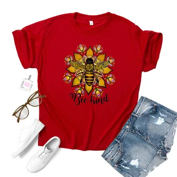 2020 Bičių Gėlių Kawaii Print T Shirt Moterims, Mada, T-shirt Grafikos Mielas Gėlių Marškinėlius Plius Dydis Stilius Atsitiktinis Bohemijos Tees Moteris