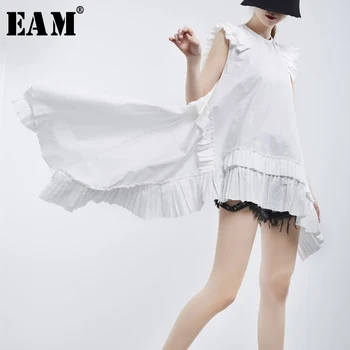[EAM] Moterys, baltos spalvos klostuotas Asimetrinė Palaidinė Naujas Apvalios Kaklo, Rankovių Loose Fit Marškinėliai Mados Banga Pavasario Rudens 2021 JT5950