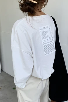 Qooth Moterys T-shirt Pavasario O-kaklo, ilgomis Rankovėmis laisvo Stiliaus Raidėmis Atspausdintas T-shirt Modis Mujer Viršūnes qh2258