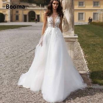 Booma Seksualus V-kaklo, Nėriniai Vestuvių Suknelės Boho 2019 Tiulio Appliques Baltos Vestuvinės Suknelės Princesė Vestuvių Suknelė be Rankovių Šalis Suknelė
