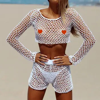 2018 Naujų Žvejybos Tinklas Mesh Bikini Padengti Iki Ilgomis Rankovėmis Beach Marškinėliai Ir Seksualus Paplūdimio Sijonas Tuščiaviduriai Iš Maudymosi Kostiumą Moterų Paplūdimio
