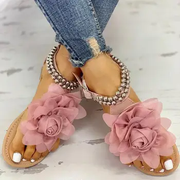Sandalai Moterims, Batai 3D Gėlių Ponios Vasaros Sandalai Butas Batai String Granulių Fifo Sandalias Mujer 2020 Plus Size EU34-43