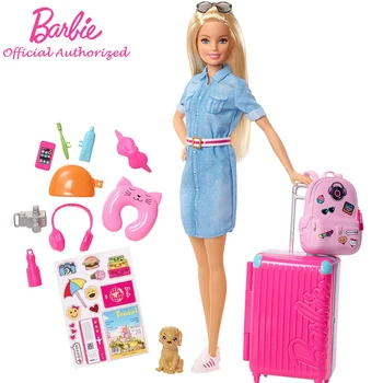 Barbie Prekės Žaislas Kelionės Lėlės ir Mažylis Playset Vaikas Lagaminą Mergina Žaislas Dovana, Juokinga Priedai Ilgi Plaukai Gana Mergina FWV25