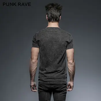 PUNK RAVE Mens Steampunk Streetwear T-shirt Gotikos Sunkiųjų Metalų V-kaklo trumpomis Rankovėmis Vasarą T-shirt Hip-Hop Asmenybės T-shirt