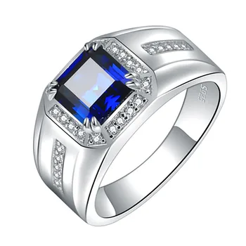 Klasikinė aikštė mėlyna kristalų safyras brangakmenių, deimantų žiedai vyrams, baltas auksas, sidabras spalva bague papuošalai aksesuaras dovanos