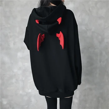 Juodos spalvos Gotikos Hoodies Moterų 2019 M. Pavasarį Vidutinio Ilgio Hoodies Puloveriai Viršūnes Viršutiniai drabužiai Plius aksomo tirštėti Šiltas Kailis Rudenį, Žiemą