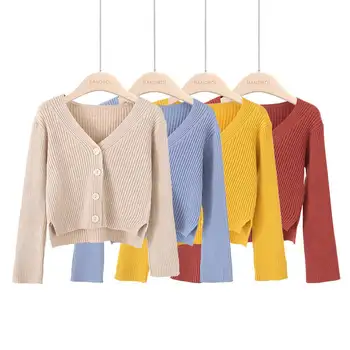 Džemperis Moterims 2020 Korėjos Stiliaus Asmenybės Trumpas Ilgomis Rankovėmis Krūtinėmis Vientisos Spalvos Megztiniai Megztinis Viršuje Moterų Paltai Megztiniai