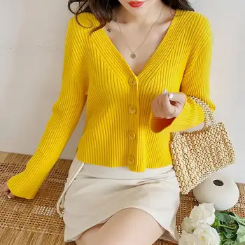 Džemperis Moterims 2020 Korėjos Stiliaus Asmenybės Trumpas Ilgomis Rankovėmis Krūtinėmis Vientisos Spalvos Megztiniai Megztinis Viršuje Moterų Paltai Megztiniai