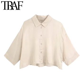 TRAF Moterų Mados Mygtuką-iki Prarasti Apkarpytos Palaidinės Derliaus Trumpas Rankovės Jaukus Moterų Marškiniai Blusas Prašmatnus Viršūnės