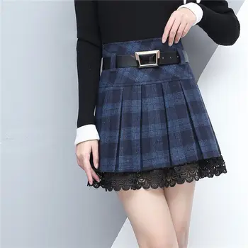 2020 m. rudenį naujų pledas sijonas trumpas moterų didelio dydžio aukštos juosmens nėrinių kratinys klostuotas sijonas korėjos nėrinių sijonas su diržu