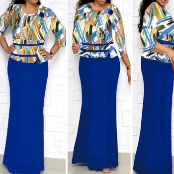 Afrikos Moterys Kratinys Office Dress Blue Vintage Undinė Šalis Drabužius, Plius Dydis Netikrą 2 Gabalas Retro Spausdinti Kontrastas Ilgos Suknelės
