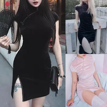 Kinijos mados Elegantiškas Moterų Aksominis Vakaras Mini Suknelės Cheongsam Qipao Ponios Bodycon Slim Trumpas Sukneles S-L
