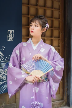Moterų Yukata Tradicinis Japonijos Kimono Skraiste Fotografijos Suknelė Cosplay Kostiumų violetinės Spalvos gėlių Spaudinių Derliaus Clothin