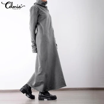 Žiemos Dress Moterų Golfo Megztinis, Vintage Maxi Suknelės Celmia 2021 Mados Atsitiktinis Palaidų Kišenės Ilgai Vestidos Skraiste Femme 5XL