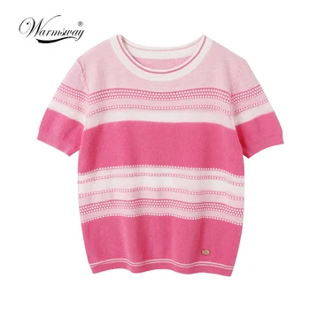 Megztos Medvilnės Moterų Dryžuota Rožinė T-Shirt 2021 M. Vasaros Nauji Aukštos Kokybės Prekės Apvalios Kaklo Moterų Trumpomis Rankovėmis, Moterų Topai B-174