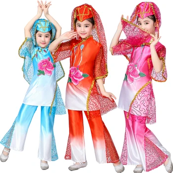 Vaikų kinijos Liaudies šokių Komplektus Tautybės Vaikai Vykdymo Etapą dėvėti Šokių Drabužiai tiktų Šokių Kostiumai su Skrybėlę