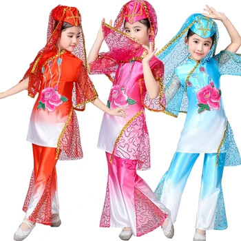 Vaikų kinijos Liaudies šokių Komplektus Tautybės Vaikai Vykdymo Etapą dėvėti Šokių Drabužiai tiktų Šokių Kostiumai su Skrybėlę