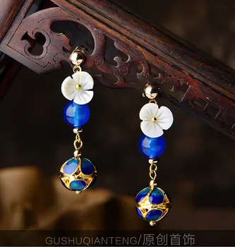 Naujas vintage Cloisonne auskarai moterims,mėlyna pobūdžio akmenys Etninės auskarai shell gėlės, papuošalai,mados tabaluoti auskarai