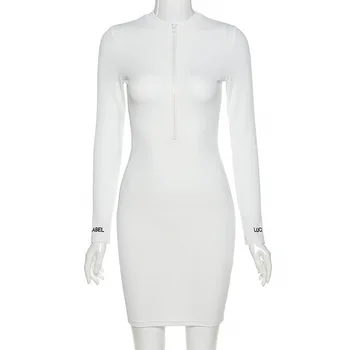 BOOFEENAA Seksualus Bodyocn Mini Suknelė Pasisekė Etiketės Laišką Siuvinėjimo Zip Briaunoti Megztiniai ilgomis Rankovėmis Suknelės Moterims Rudenį 2020 C83-CE22