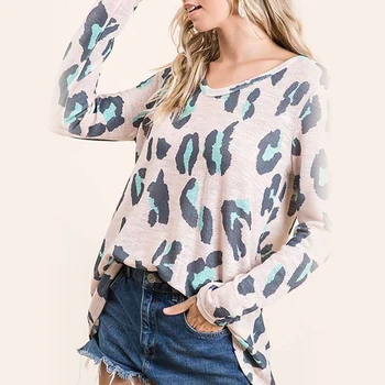 Rudenį, Žiemą Moterų Marškinėliai Topai Long Sleeve T-Shirt V-kaklo Leopardas Spausdinti Didelio Dydžio Atsitiktinis Viršų Tee Elegante Streetwear