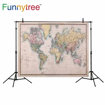 Funnytree fonas fotografijos studija Originalus senas, rankomis dažyti pasaulyje žemėlapį derliaus profesinės patirties, photocall