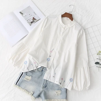 2019 m. vasarą naujas baltos spalvos marškinėliai moterims palaidinė prarasti medvilnės žibintų rankovėmis siuvinėjimo lady elegantiškas marškinėliai topai