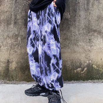 QWEEK Harajuku Violetinė Pločio Kojų Kelnės Moterims Y2K Estetinės Žaibas Spausdinti Aukšto Liemens Kelnės Baggy Hip-Hop Laisvas Kelnes Moterims