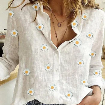 Moterų Cutton Mažų Saulučių Marškinėliai Ilgomis Rankovėmis Spausdinti Balti Marškiniai Mygtuką V Kaklo Prarasti Viršūnes 2020 M. Vasarą, Rudenį, Negabaritinių Marškinėliai