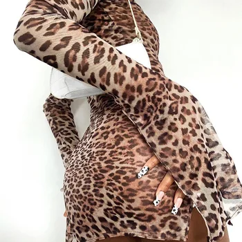 Kriptografijos Leopard Laukinių Gyvūnų Spausdinti Vien Tinklelio Mini Suknelė Bodycon ilgomis Rankovėmis Rudenį Rudens Juoktis Kaklo Moterų Suknelės Liesas