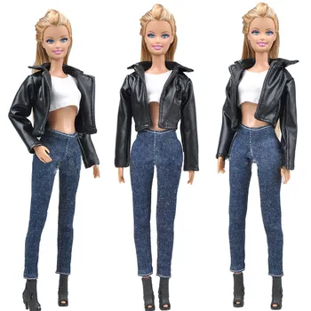 1 Nustatykite, Oda, Kailis Komplektai Barbie Lėlės Mados Kailis Džinsus, Kelnes Trumpos Viršų Rankų Darbo Drabužius Barbie Lėlių Priedai