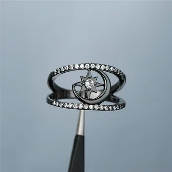 Mielas Moterų Baltas Cirkonis Akmens Žiedas, Žavesio Juodojo Aukso Vestuviniai Žiedai, Moterų, Prabangos Kristalų Tuščiaviduriai Star Mėnulis Vestuvinis Žiedas