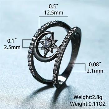Mielas Moterų Baltas Cirkonis Akmens Žiedas, Žavesio Juodojo Aukso Vestuviniai Žiedai, Moterų, Prabangos Kristalų Tuščiaviduriai Star Mėnulis Vestuvinis Žiedas