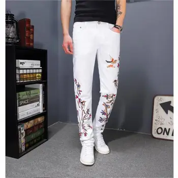 2020 jaunų mans džinsus, siuvinėjimas medvilnės baltas slim fit dizaineris džinsus vyrams aukštos kokybės korėjos stiliaus mados #102