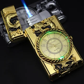 Prabangus Aukso laikrodis, Jet Fakelas Lengvesni Turbo Dujų Vėjo Lengvesni Cigarų, Cigarečių Metalo LED Lengvesni Pripūstos Benzinas Butanas
