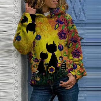 Rudens Mados Moterų, O-kaklo Gyvūnų Katė ilgomis Rankovėmis Hoodie Raišteliu Sweatershirt Sudadera Mujer Viršuje Polerones Mujer 2020 m.