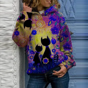 Rudens Mados Moterų, O-kaklo Gyvūnų Katė ilgomis Rankovėmis Hoodie Raišteliu Sweatershirt Sudadera Mujer Viršuje Polerones Mujer 2020 m.