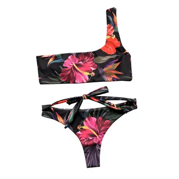 Moterų bikini maudymosi kostiumėlį 2020 Vieną petį Bikini Komplektas Gėlių Spausdinti seksualus Dviejų dalių Maudymosi Užpildyti Liemenėlė Paplūdimio Maudymosi kostiumas moterims