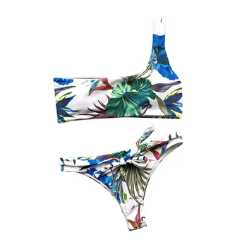 Moterų bikini maudymosi kostiumėlį 2020 Vieną petį Bikini Komplektas Gėlių Spausdinti seksualus Dviejų dalių Maudymosi Užpildyti Liemenėlė Paplūdimio Maudymosi kostiumas moterims