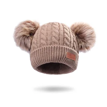 Žiemos šiltas baby skrybėlę žemyn kamuolys vaikams skrybėlę dvigubas kamuolys kamuolys skrybėlę šilti megztiniai mielas mergaitė berniukas skrybėlę atsitiktinis vientisa spalva mergina skrybėlę