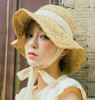 Hat Moterų Vasaros korėjos stiliaus Tvarstis Audinio Nėrinių Šiaudų Skrybėlę Atsparus Vėjo Beach Sun Skrybėlę Gražią fotosesiją Akyto Saulės, Skrybėlę Ar