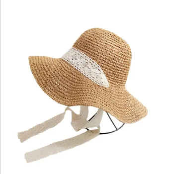 Hat Moterų Vasaros korėjos stiliaus Tvarstis Audinio Nėrinių Šiaudų Skrybėlę Atsparus Vėjo Beach Sun Skrybėlę Gražią fotosesiją Akyto Saulės, Skrybėlę Ar