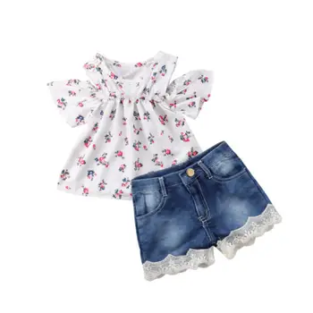 JAV Akcijų Kūdikiui Baby Girl Off Peties Gėlių T-shirt Džinsinio audinio Kelnės Šortai Komplektai