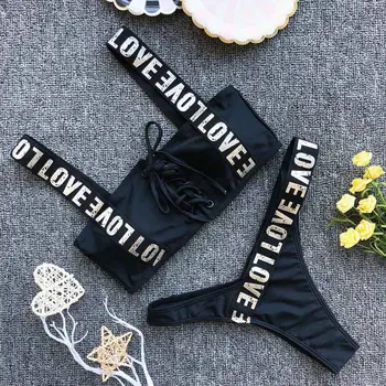 Maudymosi kostiumėliai Moterų Plaukimo Kostiumas Push Up Bikinis 2020 Mujer Nėrinių Bikinis Moterų maudymosi kostiumėlį, Letter Spausdinimo Mini Diržas Bikini Komplektas